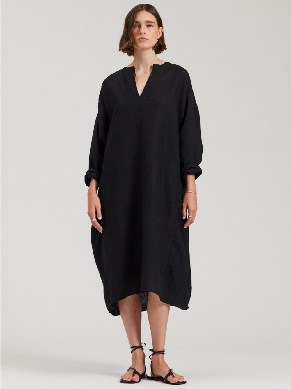 Ganni Black Textured V-Neck Midi Dress with Voluminous Sleeves